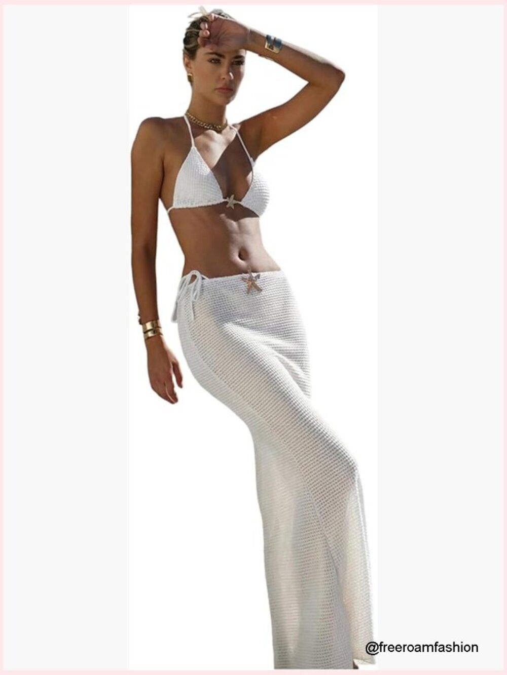 3 Piece String Bikini Set with Long Mesh Skirt - Halter Triangle Top, Tie Side